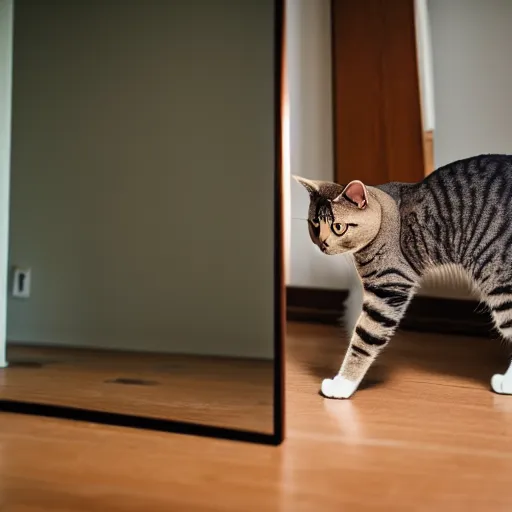 Image similar to a cat standing on two legs staring into a mirror, 4 k, photography,