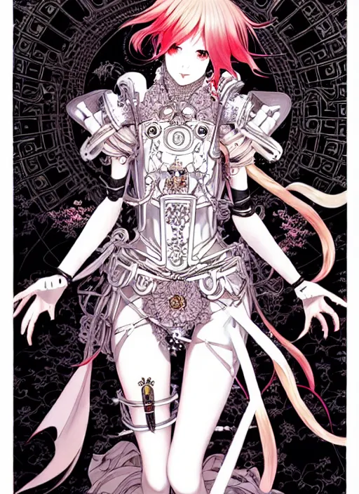 Image similar to artstation fantastic fate manga poster of princess mechine, takato yamamoto, long hair, art nouveau, armor, laces, ruffles, by katsuhiro otomo, shigenori soejima, minaba hideo, jump comics, fluorescent, illustration,, highly detailed, 8 k, maximalist,