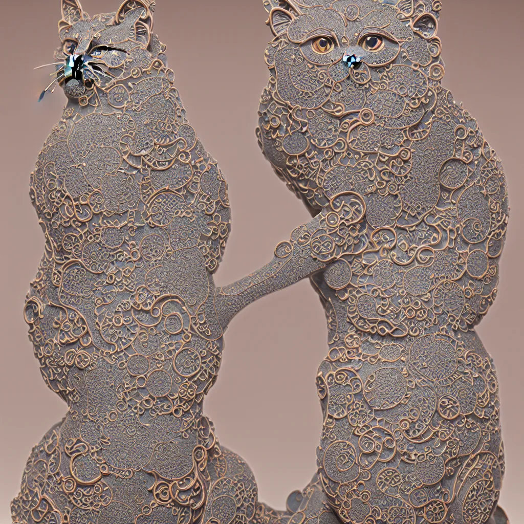 Prompt: a single close up photo - real delicate ceramic porcelain sculpture of an ornate symmetrical persian cat detailed in front of an intricate background by victo ngai and takato yamamoto, micro detail, backlit lighting, face in focus, subsurface scattering, translucent, thin porcelain, octane rendered, colorful, physically based rendering, japanese pottery, trending on cgsociety