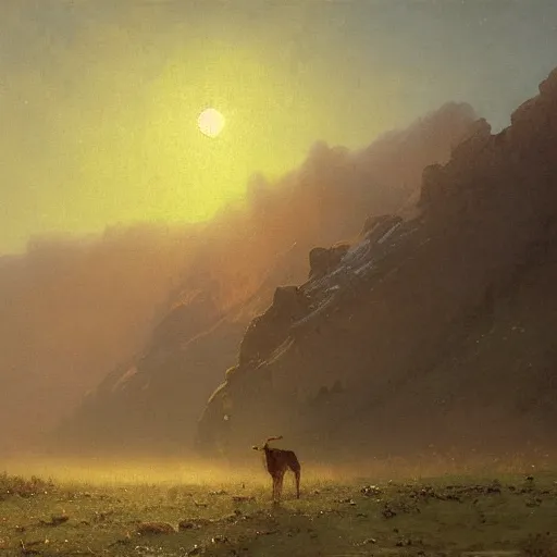 Image similar to an oil painting of a vivid apline tundra on a beautiful dawn by tuomas korpi carl spitzweg and greg rutkowski