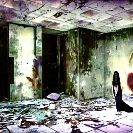 Image similar to 3 5 mm color photography, joel - peter witkin, beksinski, and stephen gammell, video still of abandoned government facility with floating woman with long hair glitch nightmare