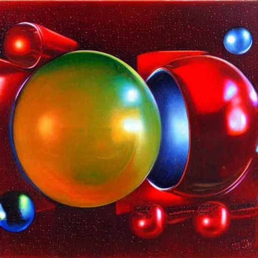 Prompt: chrome spheres on a red cube by edward robert hughes