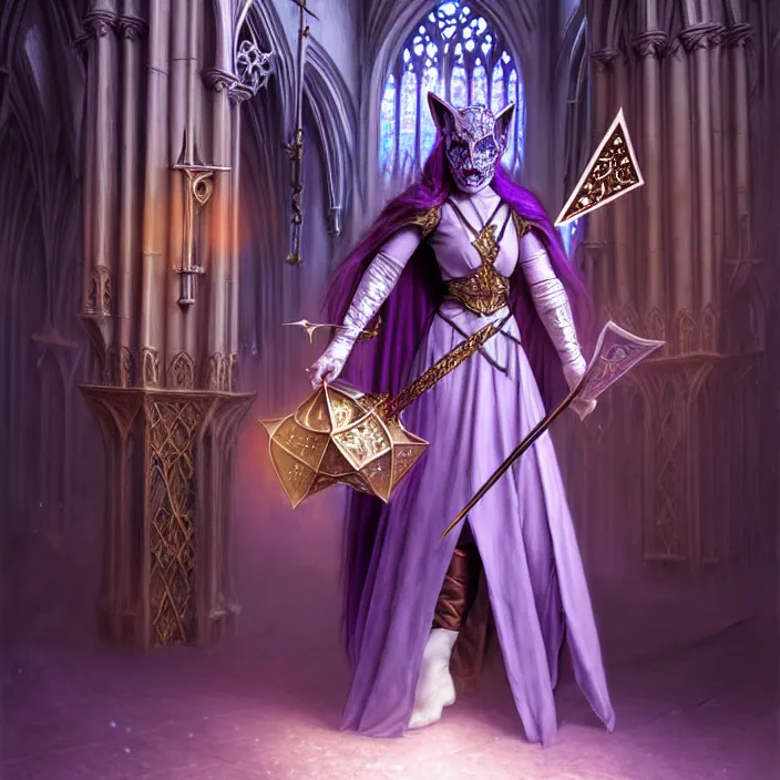 Image similar to masked d & d bard with her lilac leather armor in a cathedral, volumetric lighting, fantasy, intricate, elegant, highly detailed, lifelike, photorealistic, digital painting, artstation, fox ears illustration, concept art, sharp focus, by john collier and albert aublet and krenz cushart and artem demura and alphonse mucha