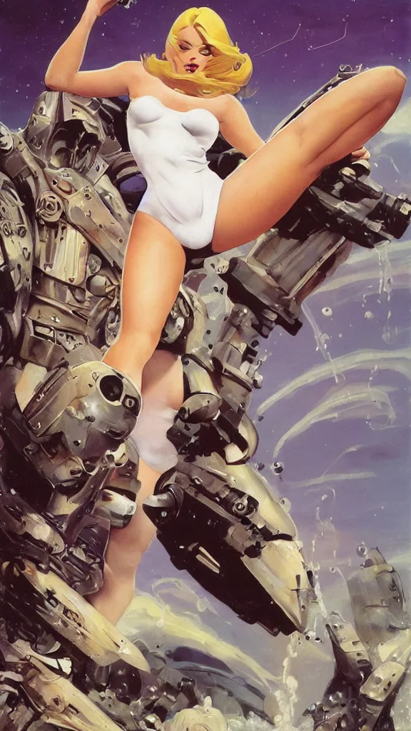 Image similar to A mixed media portrait painting of a beautiful blonde brunette woman exploring an alien planet, very curvy, aesthetic! high-waisted white-bikini-armor and boots, holding raygun, aesthetic symmetrical face and eyes, model, Scandinavian, wet, discarded mechsuit in background, by Frank Frazetta, Boris Vallejo, Beeple, Greg Rutkowski, Christian MacNevin, eighties-pinup style, epic fantasy character art, high fantasy, CGsociety, exquisite detail, post-processing, masterpiece, cinematic