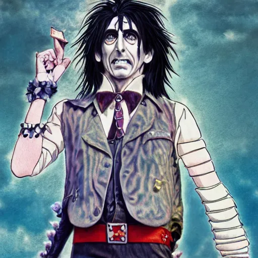 Image similar to Alice cooper by Studio Ghibli highly detailed art, beautiful scene, sharp focus, smooth, 8k, anime art, wild, dark, fantasy, peaceful, sunshine, happy