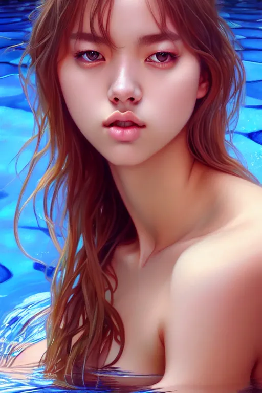 Prompt: beautiful half body digital painting of lalisa, face emerging from pool of water with high detail, 8 k, stunning detail, photo by artgerm, greg rutkowski and alphonse mucha, unreal engine 5, 4 k uhd