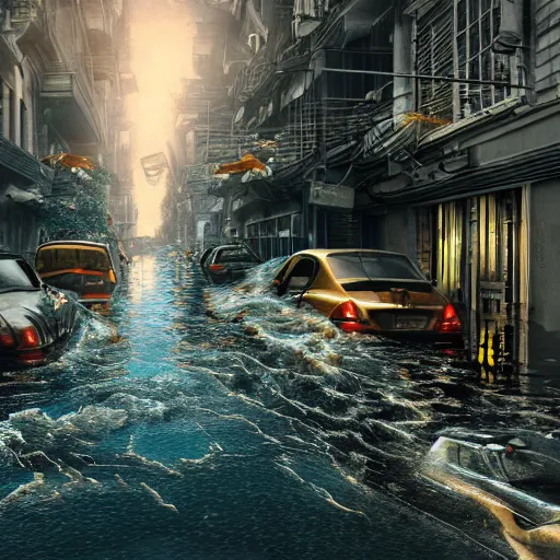 Prompt: A city street completely under water, flood, horror, liminal, hyper detailed, dramatic lighting, CGsociety, realistic, fish, hyper detailed, insane details, intricate, dramatic lighting, hypermaximalist, golden ratio, rule of thirds, octane render, weta digital, micro details, ultra wide angle, Artstation trending, 8k,