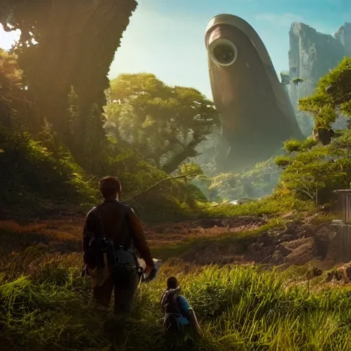 Prompt: A hyper realistic, cinematic, establishing shot of an uncharted planet, with never before seen plant and wildlife , futuristic, far away galaxy , fleeting starship in the distance