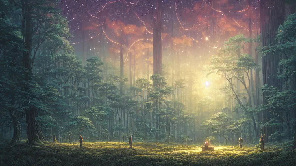 Image similar to highly detailed illustration of an old giant forest with fireflies at night by makoto shinkai, by oliver vernon, by joseph moncada, by damon soule, by manabu ikeda, by kyle hotz, by dan mumford, by otomo, 4 k resolution