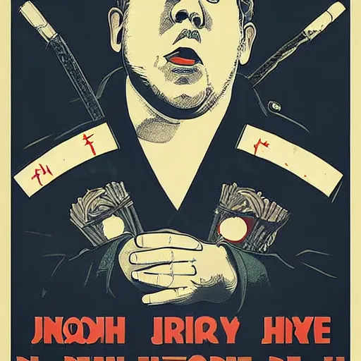 Prompt: NO JONAH HILL ALLOWED. JONAH HILL is the subject of this ukiyo-e hellfire eternal damnation catholic strict propaganda poster rules religious. WE RULE WITH AN IRON FIST. mussolini. Dictatorship. Fear. 1940s propaganda poster. ANTI JONAH HILL. 🚫 🚫 JONAH HILL. POPE. art by joe mugnaini. art by dmitry moor. Art by Alfred Leete.