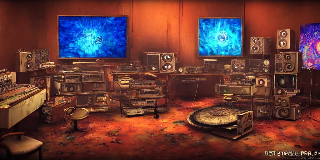 Prompt: A realistic painting of a vintage reel to reel computer, with psychedelic mushroom art on the screen, in a post apocalyptic recording studio, daytime, unreal 5, DAZ, hyperrealistic, octane render, RPG portrait, dynamic lighting,