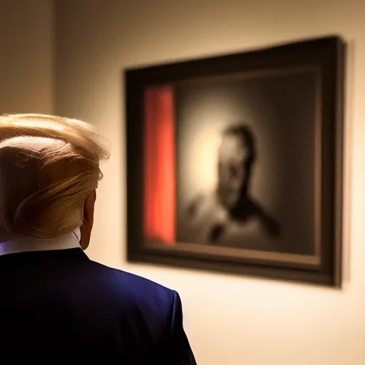 Image similar to trump watching a cyborg trump exhibition in a museum, studio lighting, photography, highly detailed, 4 k,