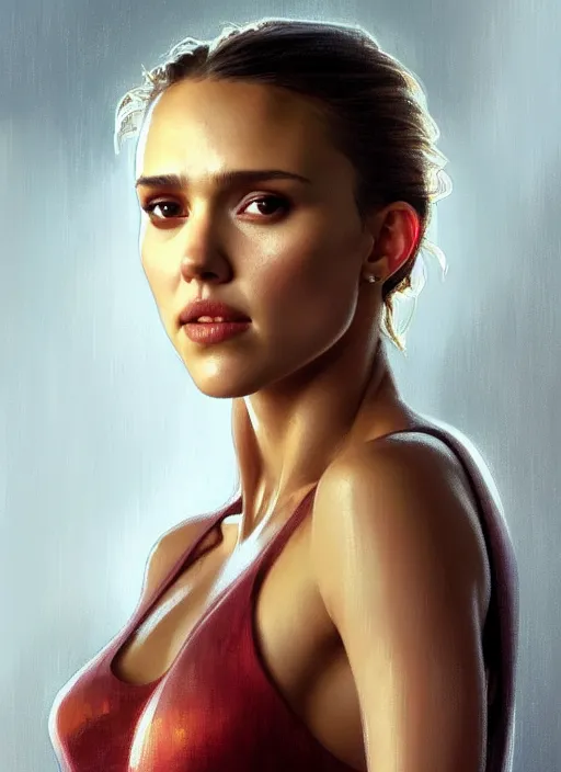 Image similar to half Jessica Alba half Nathalie Portman half scarlett johansonna pure attractive godess, full body portrait, slight smile, diffuse natural sun lights, autumn lights, highly detailed, digital painting, artstation, concept art, sharp focus, illustration, art by wlop and greg rutkowski and alphonse mucha and artgerm