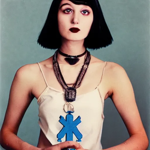 Prompt: medium shot, color slide Kodak Ektachrome E100, studio photographic portrait of Death as a young, attractive, friendly, gorgeous, pale, goth, girl in her 20s, wears a Egyptian Ankh Pendant Necklace, casual clothes, blue hour, Nikon camera, 75mm lens, f/2.8 aperture, HD, hi-res, hi resolution, deep depth of field, sharp focus, rich deep moody colors, masterpiece image, intricate, realistic, elegant, highly detailed, Shutterstock, Curated Collections, Sony World Photography Awards, Pinterest, by Annie Leibovitz