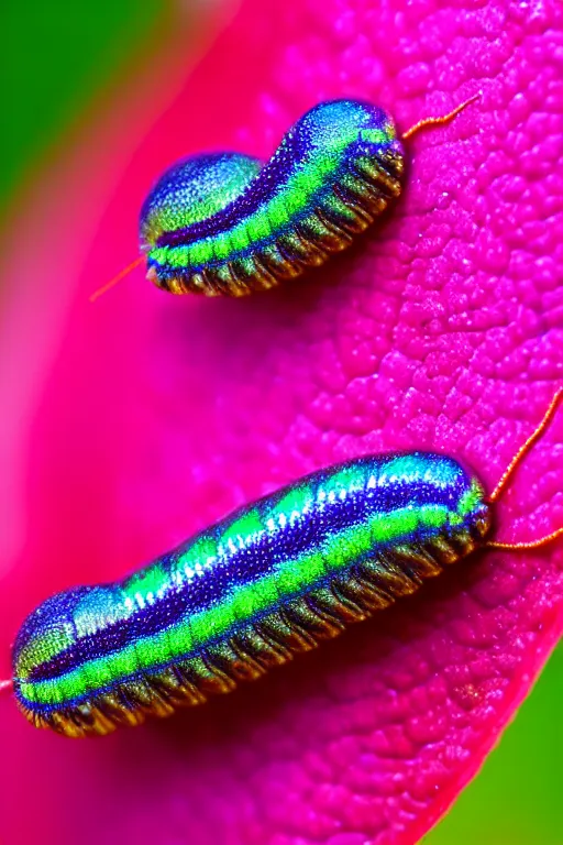 Image similar to high quality close-up photo iridescent caterpillar! gorgeous highly detailed david ligare elson peter cinematic pink lighting high quality low angle hd 8k sharp shallow depth of field