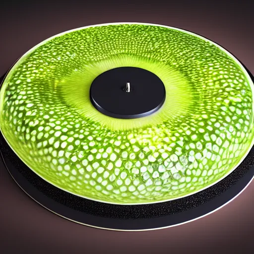 Image similar to vinyl turntable with vinyl record in shape of huge kiwi fruit, 4 k resolution, optical illusion, octane render, unreal render, hyperrealistic textures