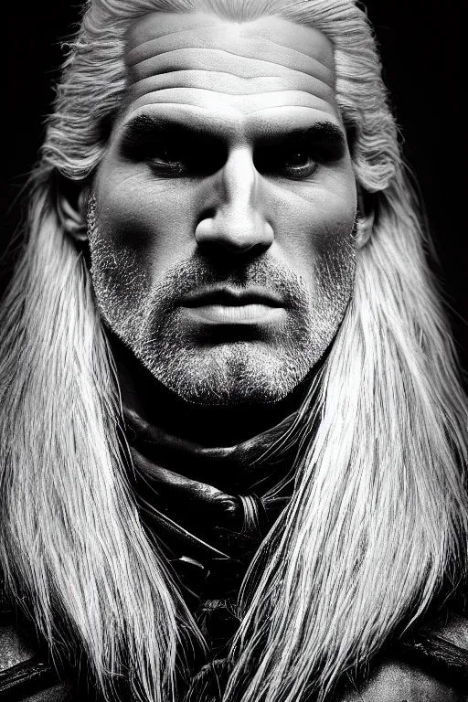 Image similar to portrait of geralt of rivia, 5 5 mm lens, professional photograph, black and white, times magazine, serious