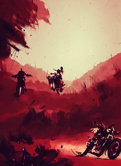 Prompt: horror art, motorbikers fight in hell, red peaks in the background, art by ismail inceoglu