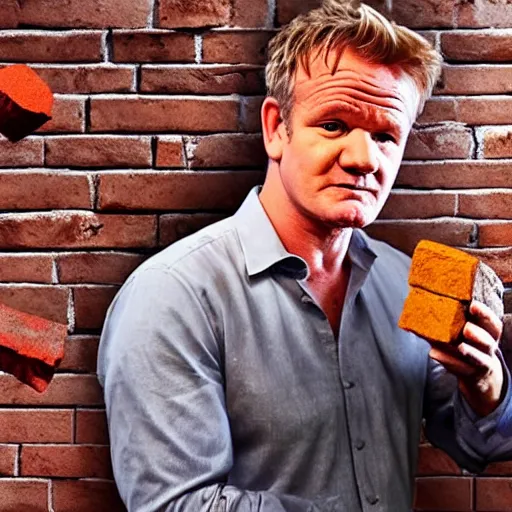 Image similar to Gordon Ramsey eating bricks, crying, photo, crisp, 8k