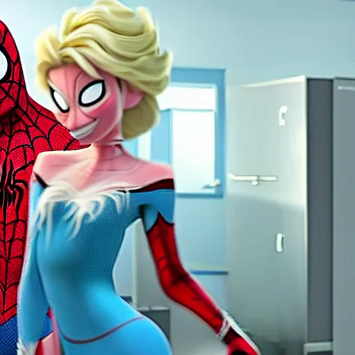 Prompt: spiderman and pregnant elsa talking in the kitchen, into the spider - verse cinematic render, 2 0 1 8 sony animation official media, award winning