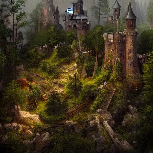 Prompt: medieval fantasy castle in an epic forrest clearing , by Ricardo Ow, dawn, green lush forest, photorealistic, detailed, trending on artstation, smooth light, artstation, DeviantArt, professional, octane render, sunset lighting,highly detailed