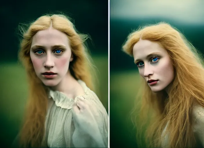 Image similar to cinestill 5 0 d photo of a pre - raphaelite blond beautiful woman, dreamy mood, fine art photography in style of gilles zimmermann, 1 5 0 mm, f 1. 2, emotionally evoking, head in focus, stormy clouds outdoor, matt mute colour background, volumetric lighting, hyper realistic, ultra detailed