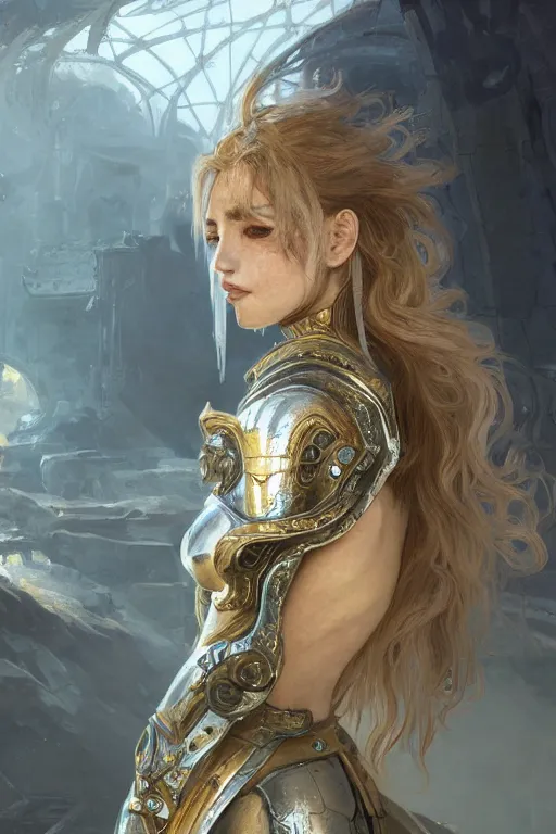 Image similar to portrait knights of Zodiac girl, silver and ice color reflected armor, in ruined Agora of Athens, ssci-fi, fantasy, intricate, very very beautiful, elegant, golden light, highly detailed, digital painting, artstation, concept art, smooth, sharp focus, illustration, art by tian zi and WLOP and alphonse mucha