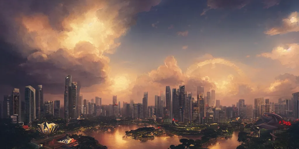 Prompt: Singapore city with a (lion-shaped cloud) in the sky, by greg rutkowski, red and white lighting, digital art, ultra realistic, ultra detailed, photorealistic, 4k, character concept