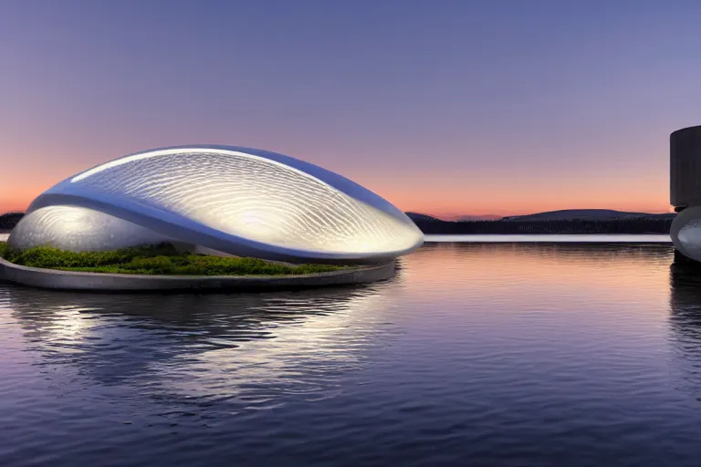Prompt: it is a building formed by many white spherical egg shaped spaces arranged and combined together. on the calm lake surface, people's perspective modern curved architecture, future, award winning, highly detailed 4 k art, dusk, by kazuyo sejima