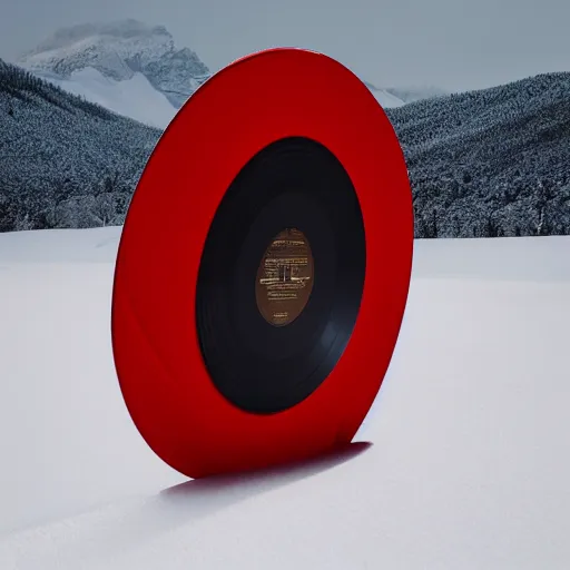 Image similar to an award - winning advertisement photo of a red musica vinyl stuck in the snow, with a snowy mountain and ice, drammatic lighting, sigma 5 0 mm, ƒ / 8, behance