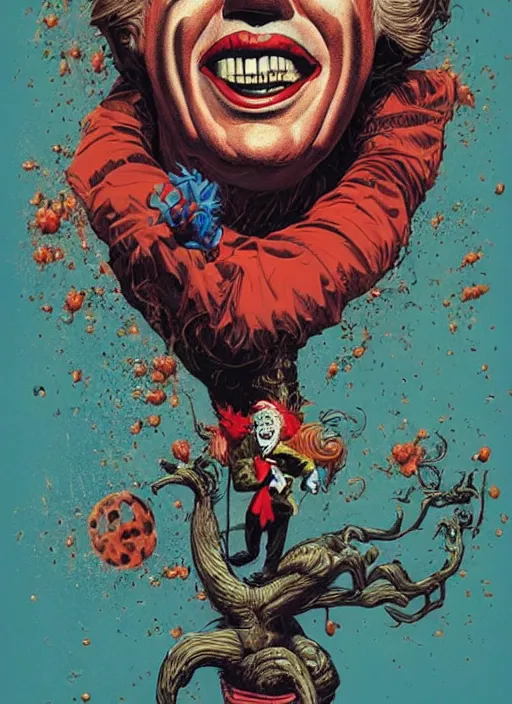 Image similar to donald trump is a clown destroying the planet, grotesque, horror, high details, intricate details, by vincent di fate, artgerm julie bell beeple, 60s, inking, vintage 60s print, screen print