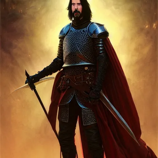 Image similar to Keanu Reeves dressed as a knight, D&D, fantasy, intricate, elegant, highly detailed, digital painting, artstation, concept art, matte, sharp focus, illustration, art by Artgerm and Greg Rutkowski and Alphonse Mucha