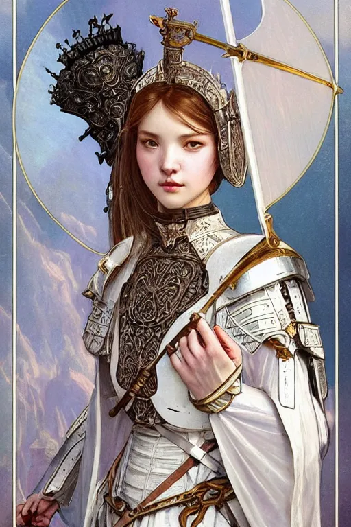 Image similar to beautiful luxury and holy and victorian and divine young female medieval white armor knight portrait like lisa blackpink+shinny eyes+front face with light flowing hair, ultradetail face, ruined gothic cathedral, art and illustration by tian zi and craig mullins and WLOP and alphonse mucha, ssci-fi, fantasy, intricate complexity, human structure, hypermaximalist, fantasy character concept, dynamic lighting, neon light, watermark, blurry, hyperrealism 8k