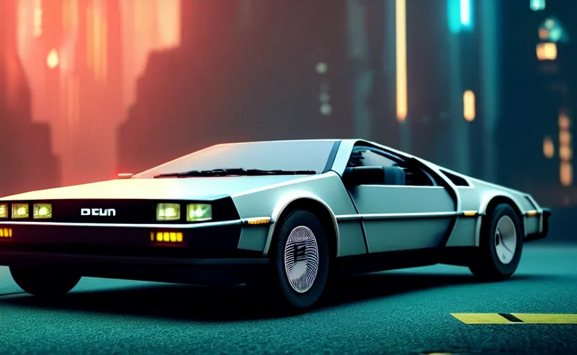 Image similar to professional photo of delorean from low angle shot, cyberpunk background, blade runner, hyperrealistic masterpiece, trending on artstation, cgsociety, kodakchrome, golden ratio, cinematic, composition, beautiful lighting, hyper detailed, sharp focus, octane render, 4 k, unreal engine