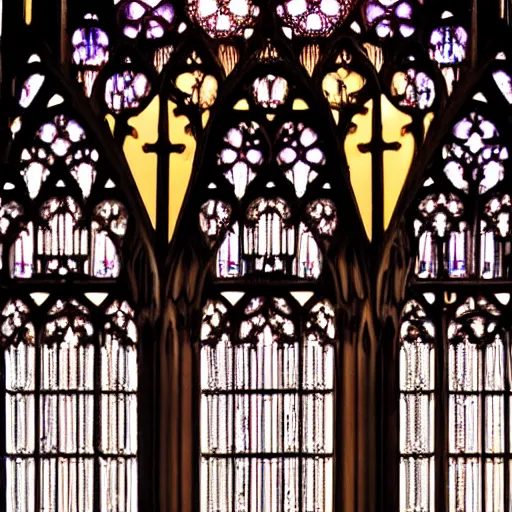 Image similar to 1 8 mm gothic girl dressed in black, behind her a gothic cathedral, dramatic lights, dark ambients, the windows of the cathedral are reflecting red flame lights, golden hour, detailed face, intricate ornaments