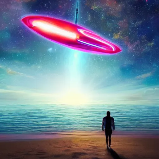 Image similar to a giant glowing spaceship floating in the ocean, an old soul standing on the beach overlooking, colorful sky with many stars, hyper realistic, epic lighting, rending on artstation