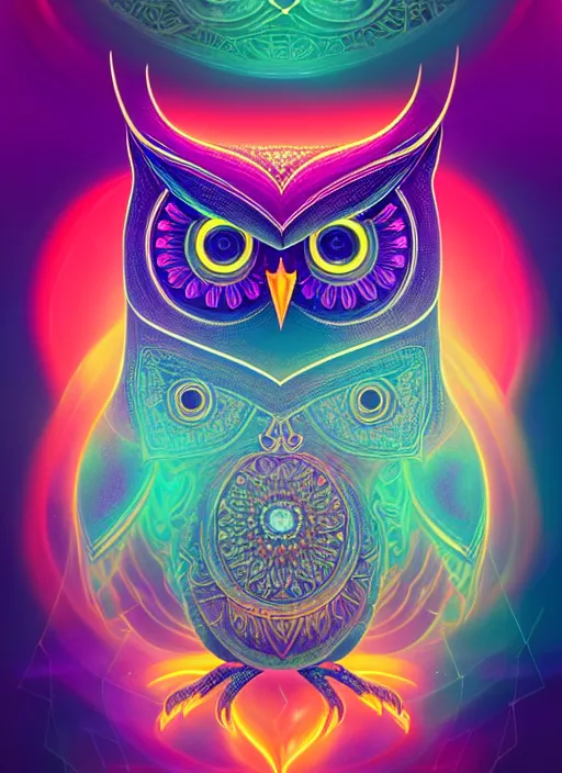 Image similar to symmetry!! product render poster vivid colors divine proportion owl, 神 圣, glowing fog intricate, elegant, highly detailed, digital painting, artstation, concept art, smooth, sharp focus, illustration,