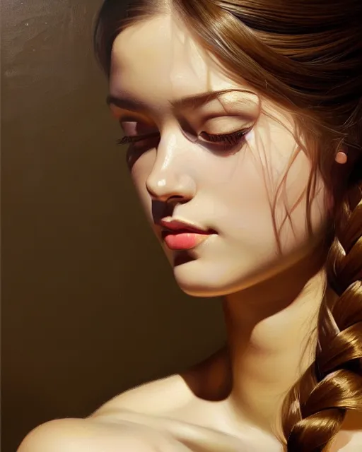 Prompt: a ultradetailed beautiful panting of a stylish woman sitting on the floor in a tiled room, highly detailed face, french braid hairstyle, oil painting, by ilya kuvshinov