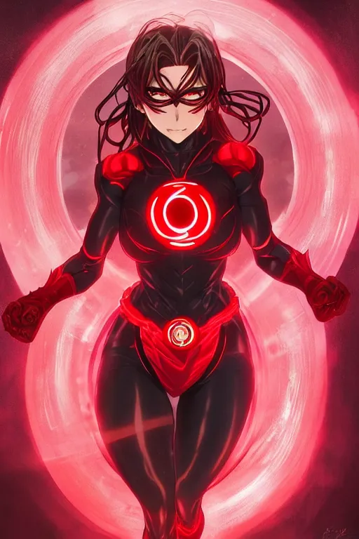 Image similar to anime key visual of a beautiful female red lantern!! intricate, red and black suit, glowing, powers, rage, anger, hate, dc comics, cinematic, stunning, highly detailed, digital painting, artstation, smooth, hard focus, illustration, art by artgerm and greg rutkowski and alphonse mucha