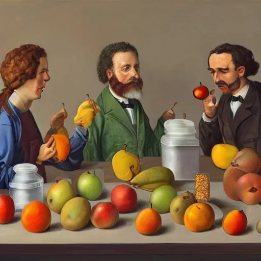 Image similar to painting of scientists comparing different kinds of fruit,