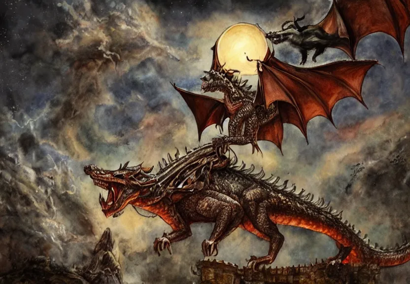 Image similar to possum riding a dragon, flying over a medieval haunted castle under a dark starred sky, dark fantasy, watercolor, dreaming illusion, highly detailed, 4k, trending on Artstation, award-winning