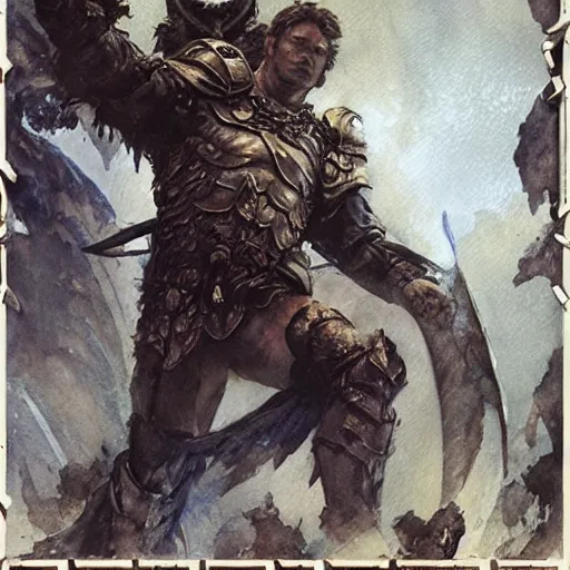 Prompt: Intaglio Heroic Paladin Dsurion ascends the stairway to valhalla Hand Crafted By Rodin. Painting by greg rutkowski Donato Giancola Jeff Simpson norman rockwell stamp watercolor