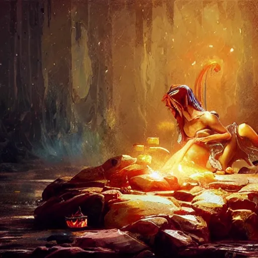 Image similar to Demon king eating gemstones while sitting on a treasure pile, oil painting by Greg Rutkowski