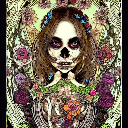 Image similar to detailed rotten woman skull corpse with fractal plants and fractal flowers and mushrooms growing around, symmetrical, ornate, ornamentation, illustration, in the style of art nouveau, mucha