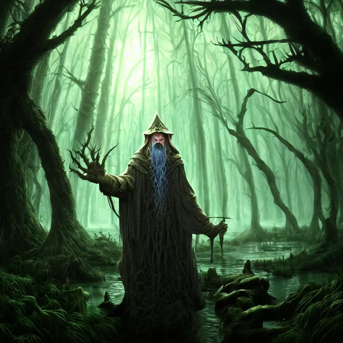 Image similar to mystical wizard in haunted swamp, surrounded by forest, highly detailed, d & d, fantasy, highly detailed, digital painting, trending on artstation, desaturated, concept art, sharp focus, illustration, global illumination, ray tracing, realistic shaded, art by artgerm and greg rutkowski and fuji choko and viktoria gavrilenko and hoang lap
