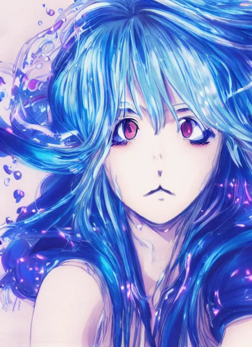 Image similar to a woman with blue hair sitting underwater, a beautiful anime drawing by yuumei, featured on pixiv, pixiv, seapunk, very anime anime!! detailed