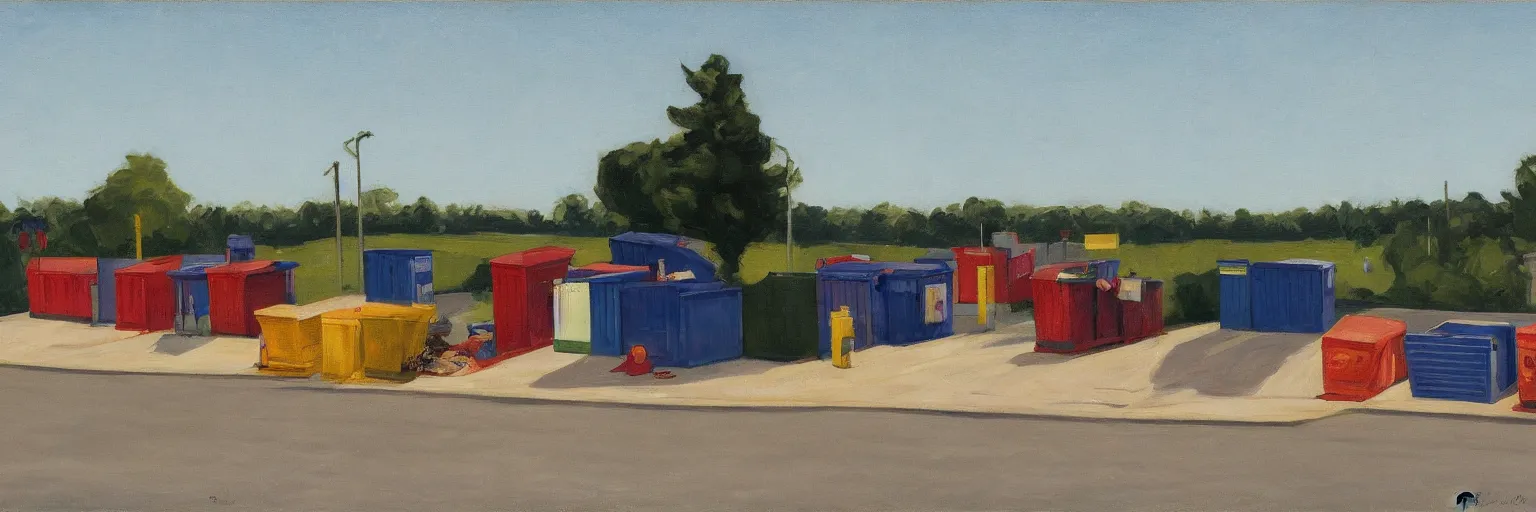 Image similar to Dumpsters by the parking lot behind a Walmart in a North American suburban strip mall by Edward Hopper