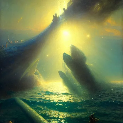 Image similar to point of view of deep in the ocean looking up, you see fishes, higher up you see very clearly the milk way illuminating the sea down bellow, night time. highly detailed painting by gaston bussiere, greg rutkowski 8 k