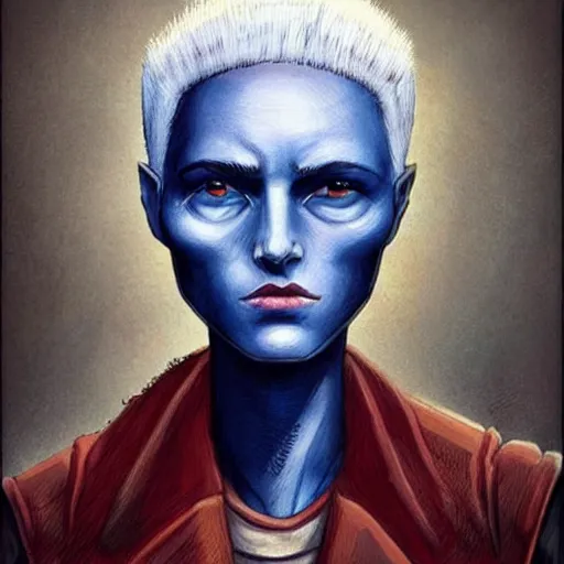 Image similar to intricate portrait, pure blue skin, short white hair, cinematic, in the style of enki bilal!