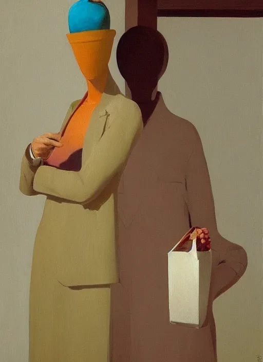 Prompt: women in paper bag over the head and a sward at high fashion podium restaurant Edward Hopper and James Gilleard, Zdzislaw Beksinski, highly detailed